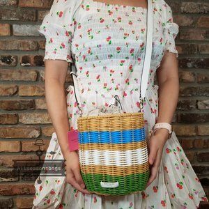 Kate Spade NY New York Buoy Wicker Crossbody Green Multi BLUE Bucket CHRISTMAS